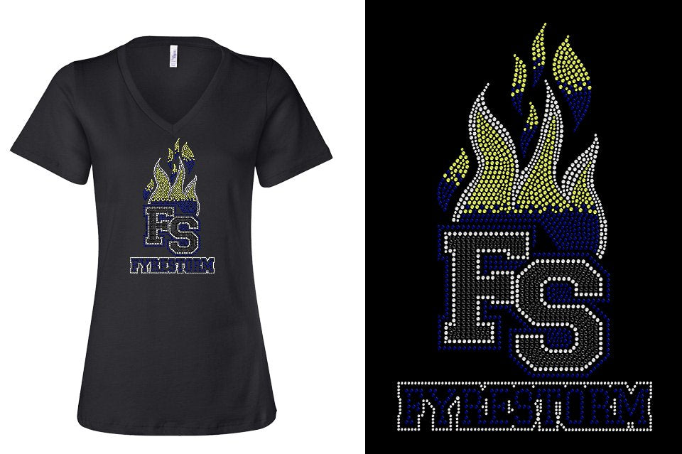 Rhinestones FYRESTORM FS full logo stones Women's Relaxed V-Neck