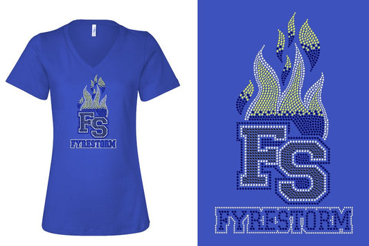 Rhinestones FYRESTORM FS full logo stones Women's Relaxed V-Neck