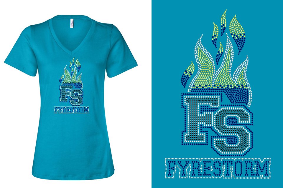 Rhinestones FYRESTORM FS full logo stones Women's Relaxed V-Neck
