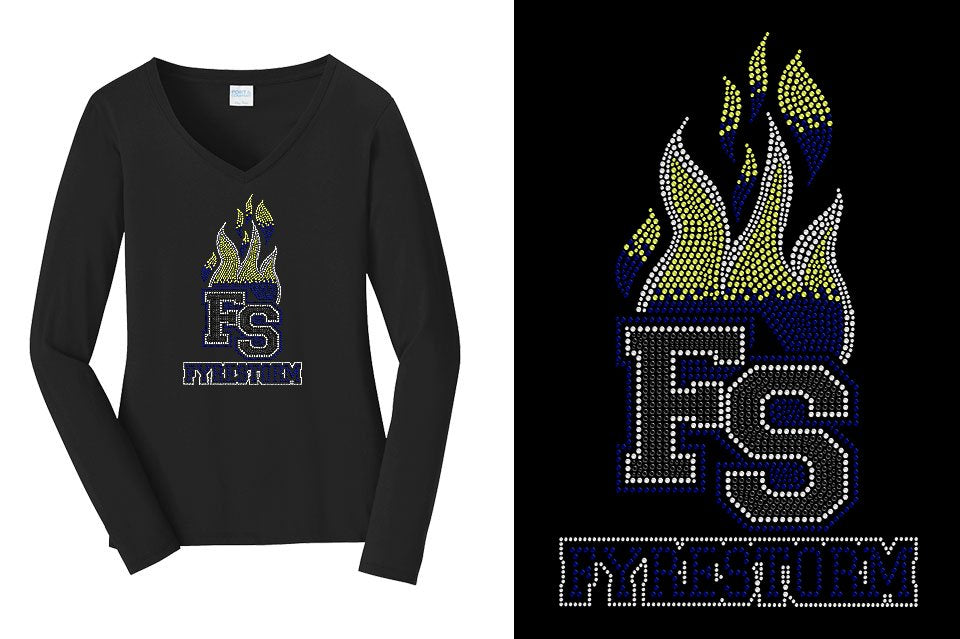 Rhinestones FYRESTORM FS full logo stones Women's Relaxed Fit Long Sleeve V-Neck