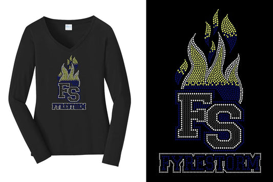 Rhinestones FYRESTORM FS full logo stones Women's Relaxed Fit Long Sleeve V-Neck