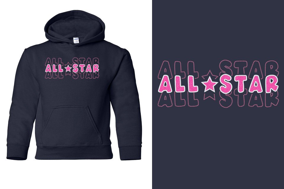 ALL STAR 3 lines glitter rhinestones Youth Pullover Hoodie